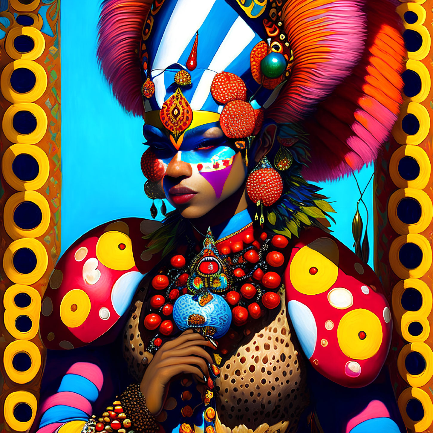 Colorful Portrait of Person with Ornate Headdress and Face Paint on Blue Background