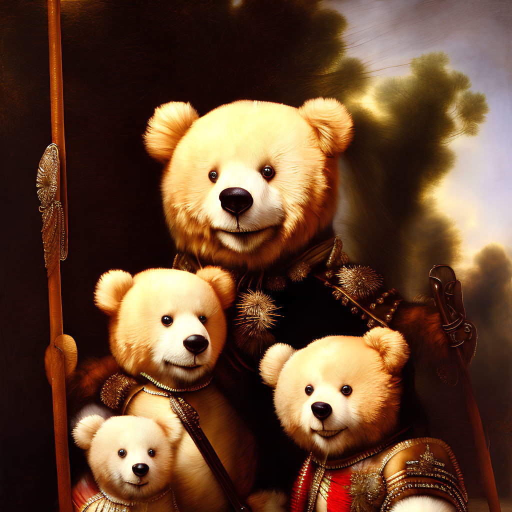 Stylized portrait of three teddy bears in renaissance armor