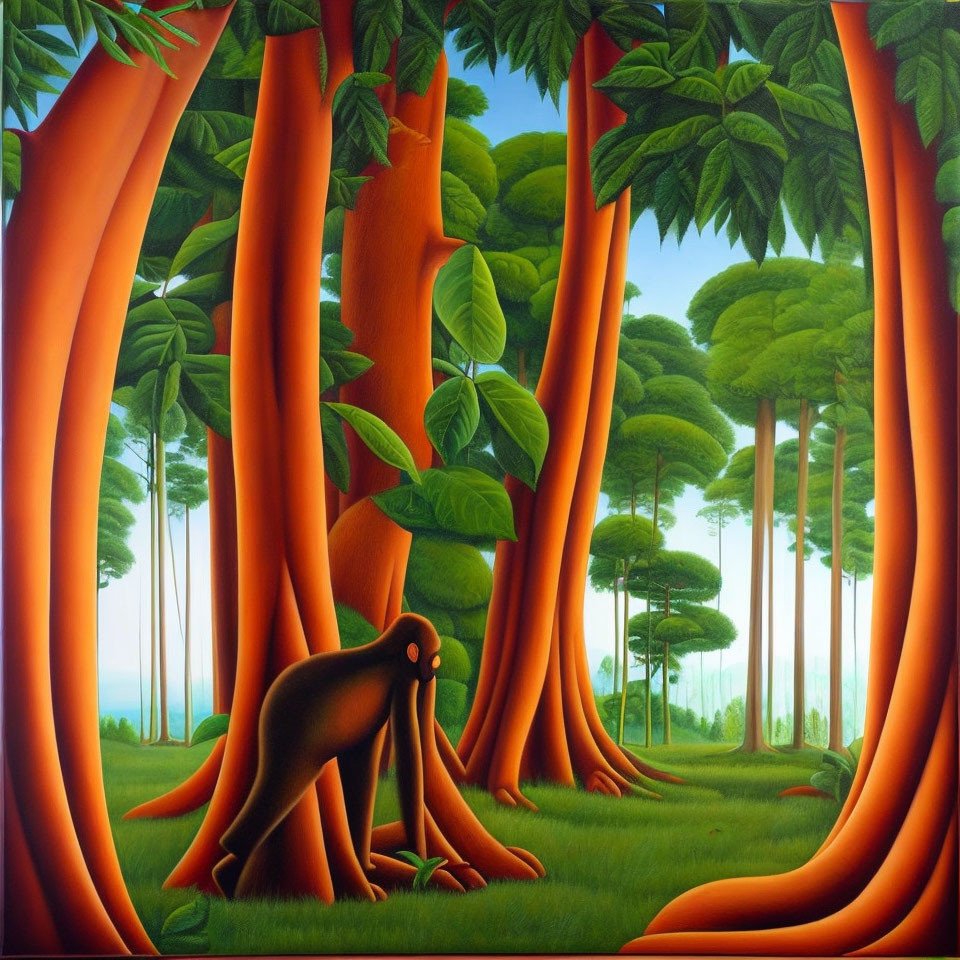 Colorful painting of mystical forest with tall, red trees and lush green foliage