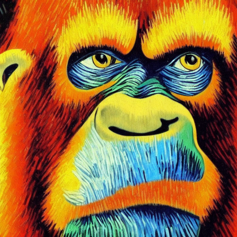 Colorful close-up painting of gorilla's expressive face with vibrant hues.