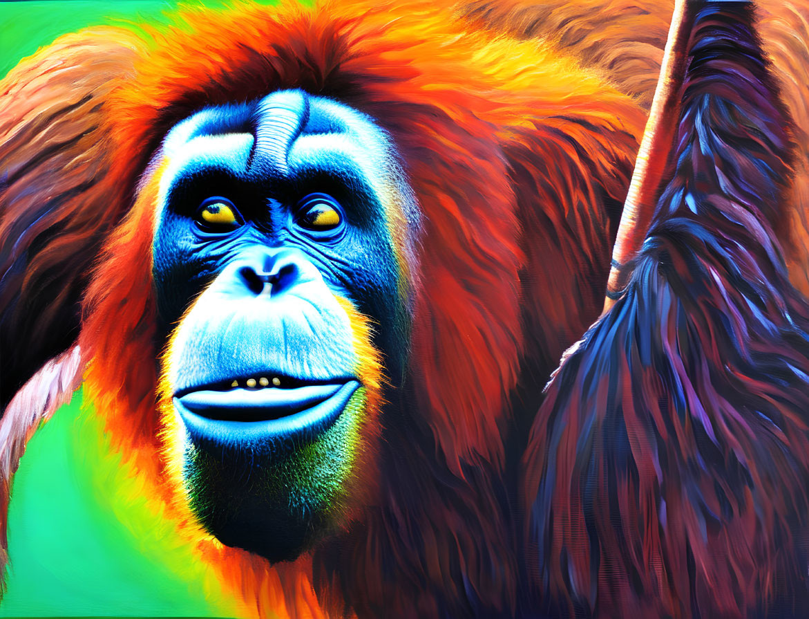 Colorful Orangutan Painting with Blue Face and Orange Fur