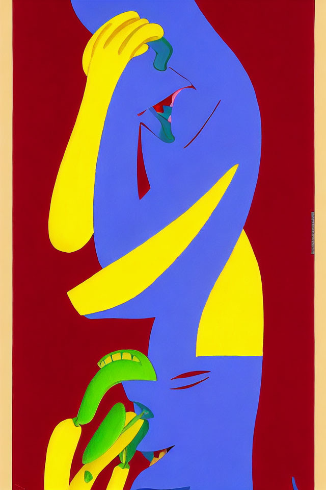 Colorful Abstract Artwork with Blue, Yellow, and Red Shapes Depicting Figure Holding Object