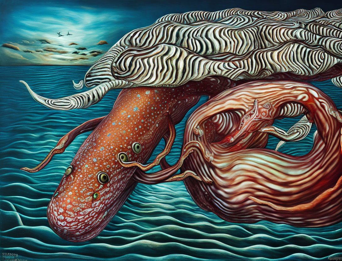 Surreal painting of zebra-patterned whale and ornate octopus swimming in vibrant ocean