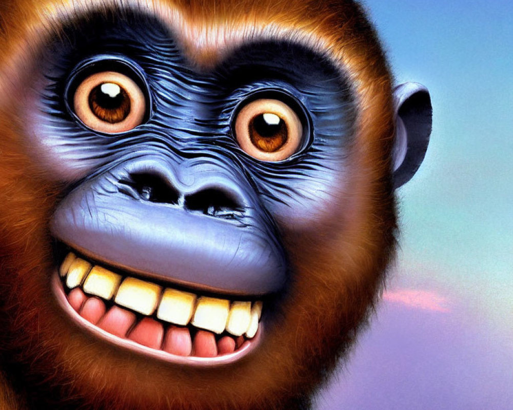 Detailed close-up of a smiling monkey with bright orange eyes in digital art.