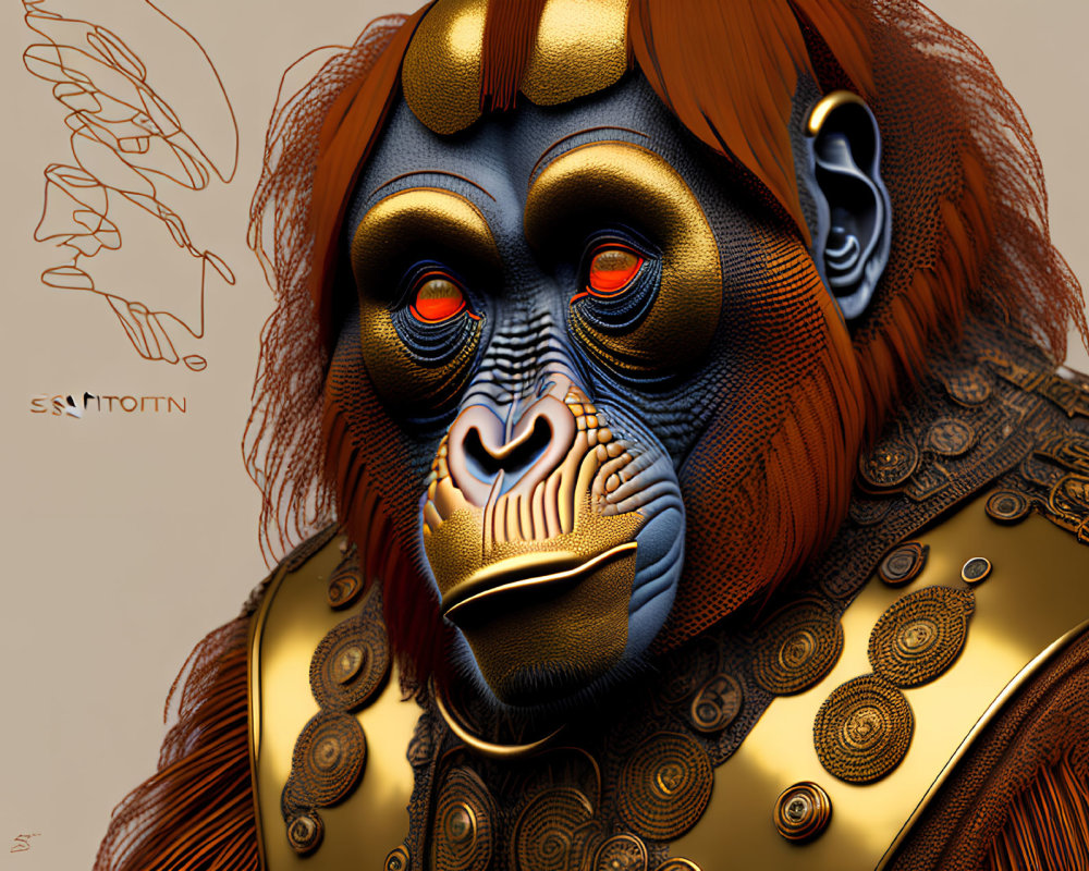 Stylized Mandrill Artwork with Golden Patterns on Beige Background