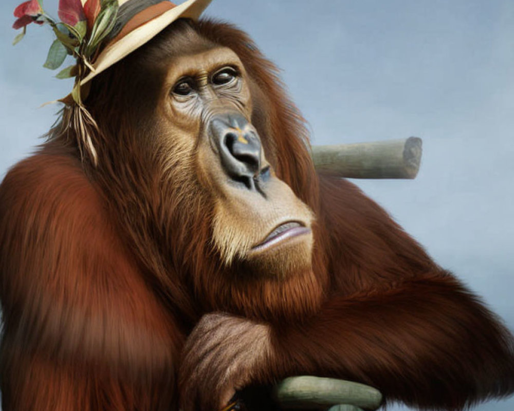 Contemplative orangutan in straw hat with flowers, holding bamboo stick on blue-grey background