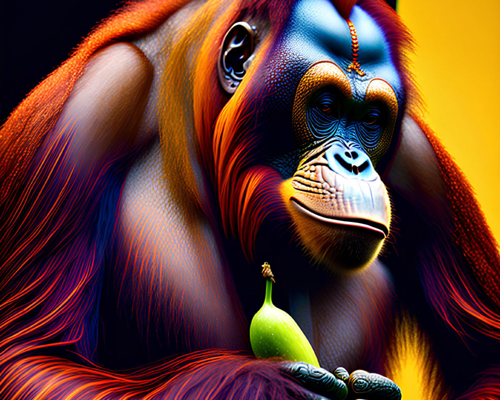 Vibrant orangutan with blue facial features holding a banana on dark background