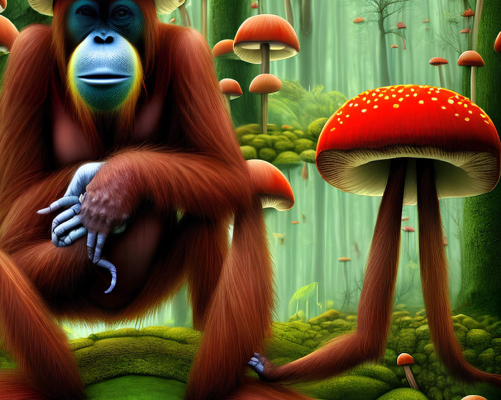 Blue-faced orangutan among red mushrooms in lush forest