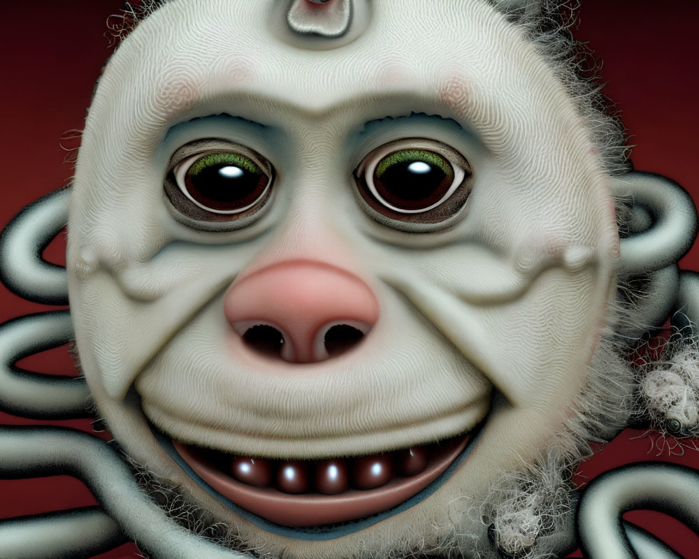 Surreal creature with simian face and serpentine eyes on red background