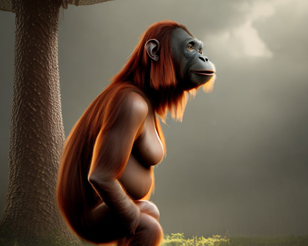 Anthropomorphic orangutan under giant mushroom in stormy sky