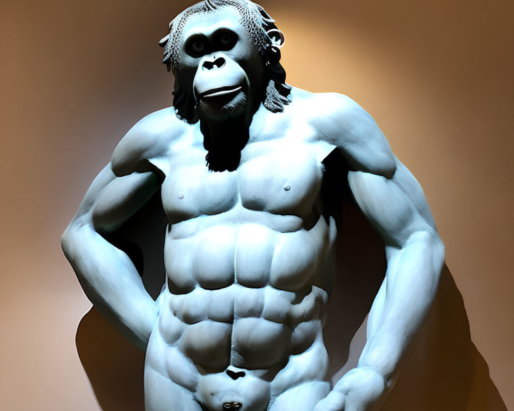 Muscular man with gorilla head statue against warm background