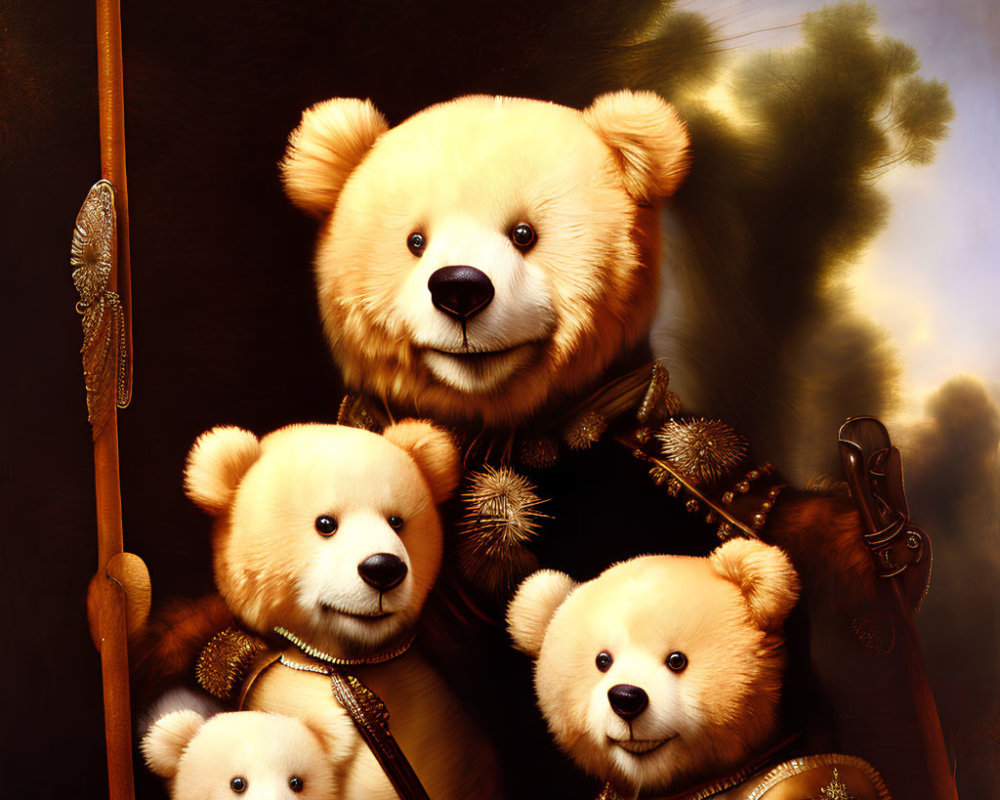 Stylized portrait of three teddy bears in renaissance armor