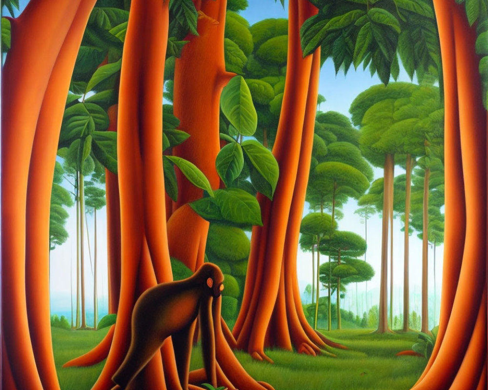 Colorful painting of mystical forest with tall, red trees and lush green foliage