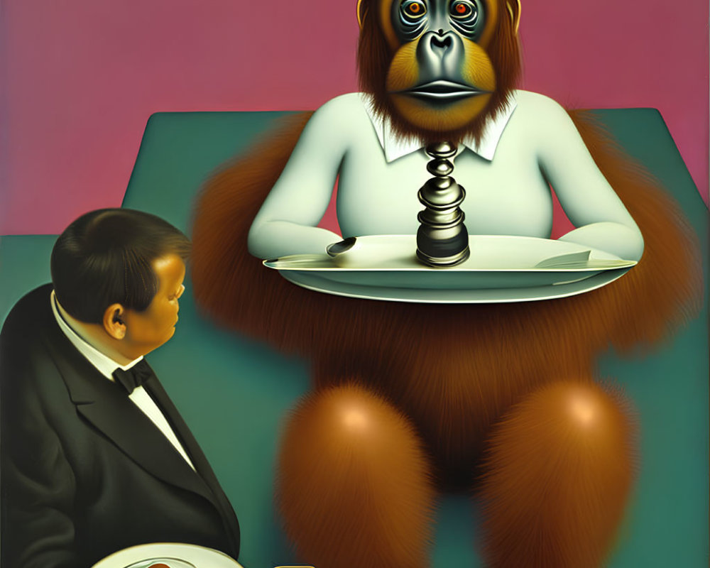 Surreal artwork: man in suit at table with orangutan and telephone