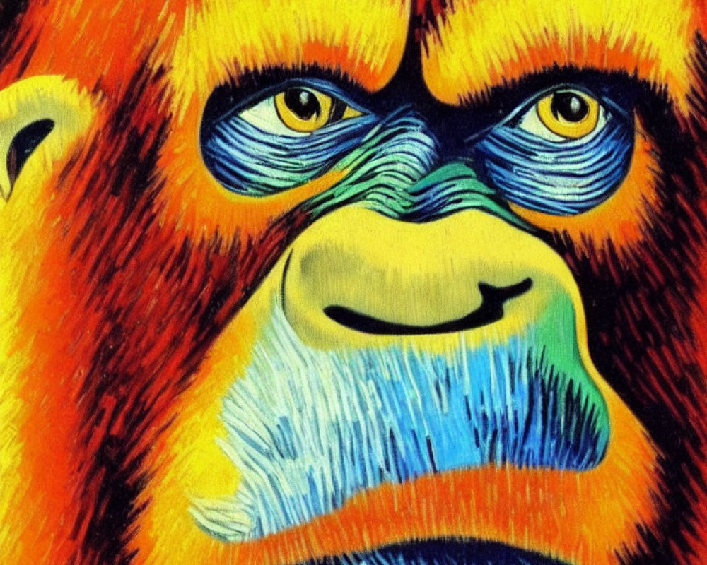 Colorful close-up painting of gorilla's expressive face with vibrant hues.