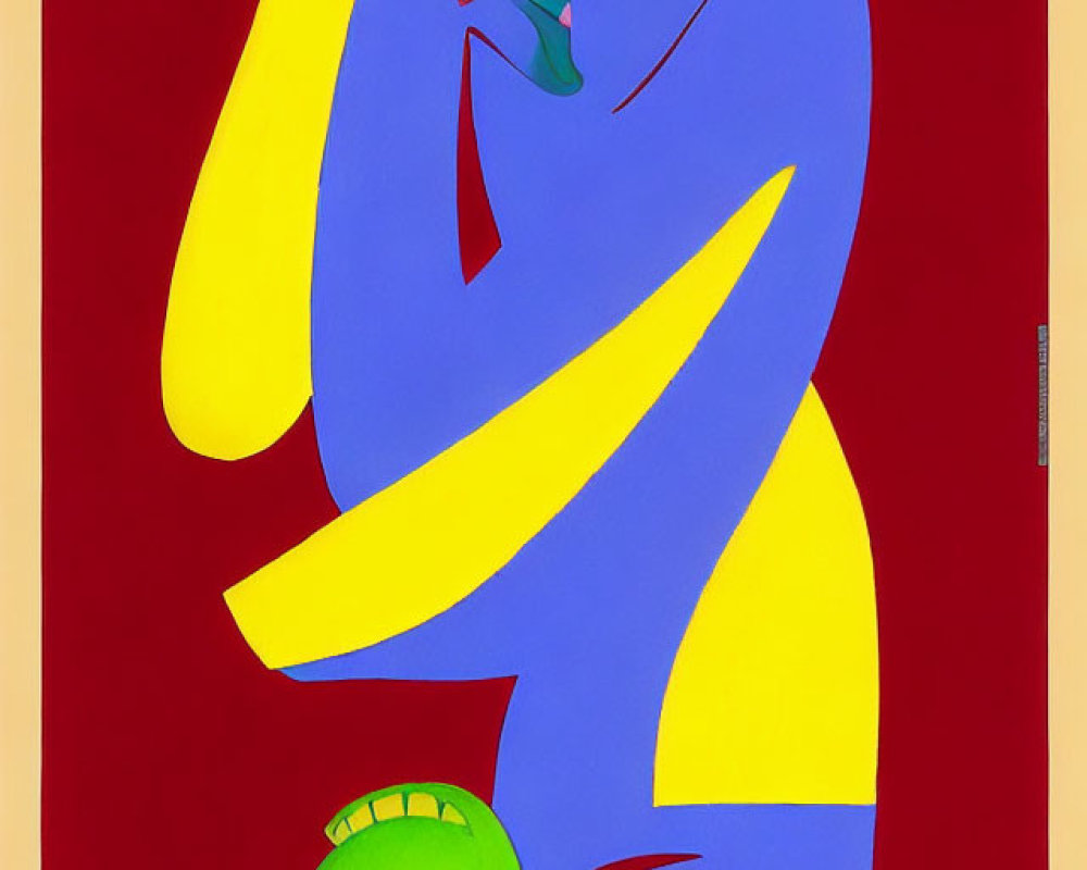 Colorful Abstract Artwork with Blue, Yellow, and Red Shapes Depicting Figure Holding Object