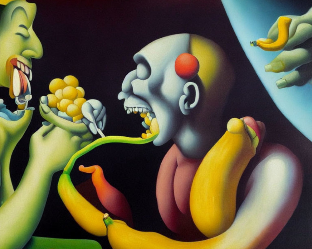 Surreal painting of central figure with clown nose and multiple feeding hands against dark background