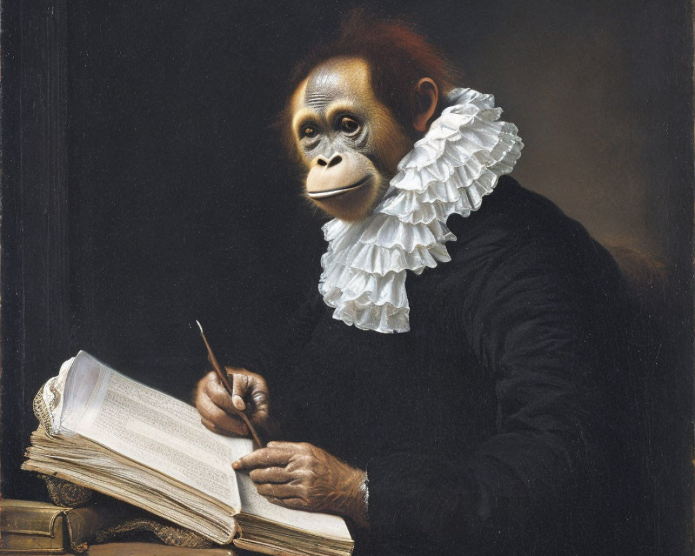 Orangutan in Black Robe with Quill Pen in Classical Painting Style