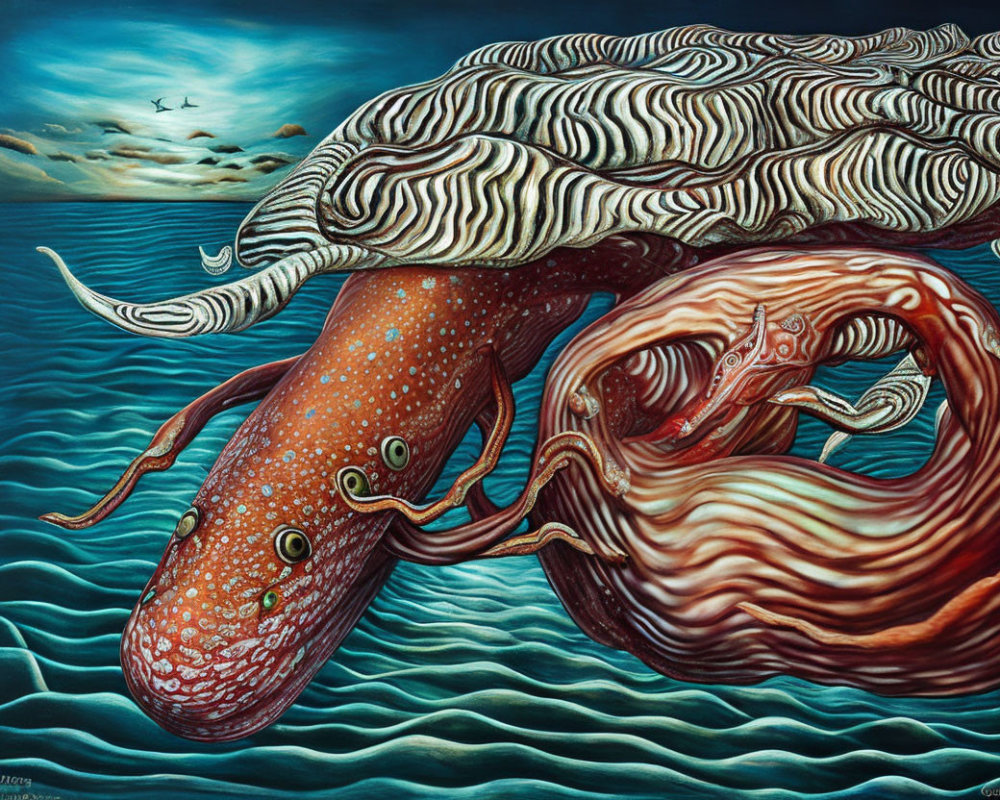 Surreal painting of zebra-patterned whale and ornate octopus swimming in vibrant ocean