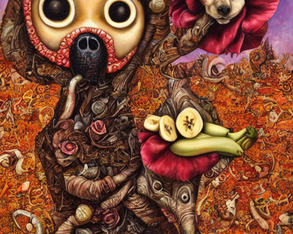 Surreal artwork: Skull-faced figure with flowers, fruits, and unique patterns