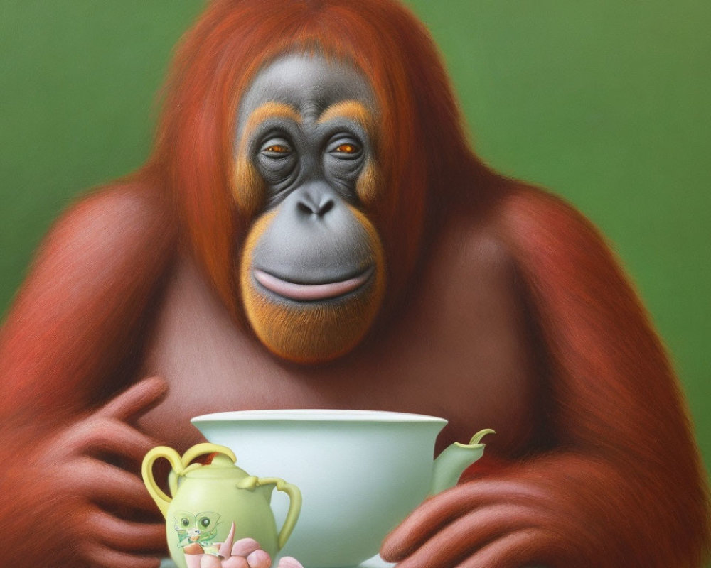 Pensive orangutan sitting at table with white cup and yellow teapot