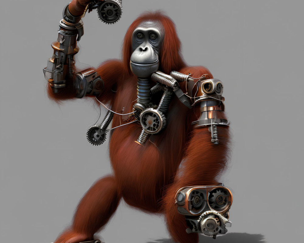 Cyborg Orangutan Digital Artwork with Mechanical Parts