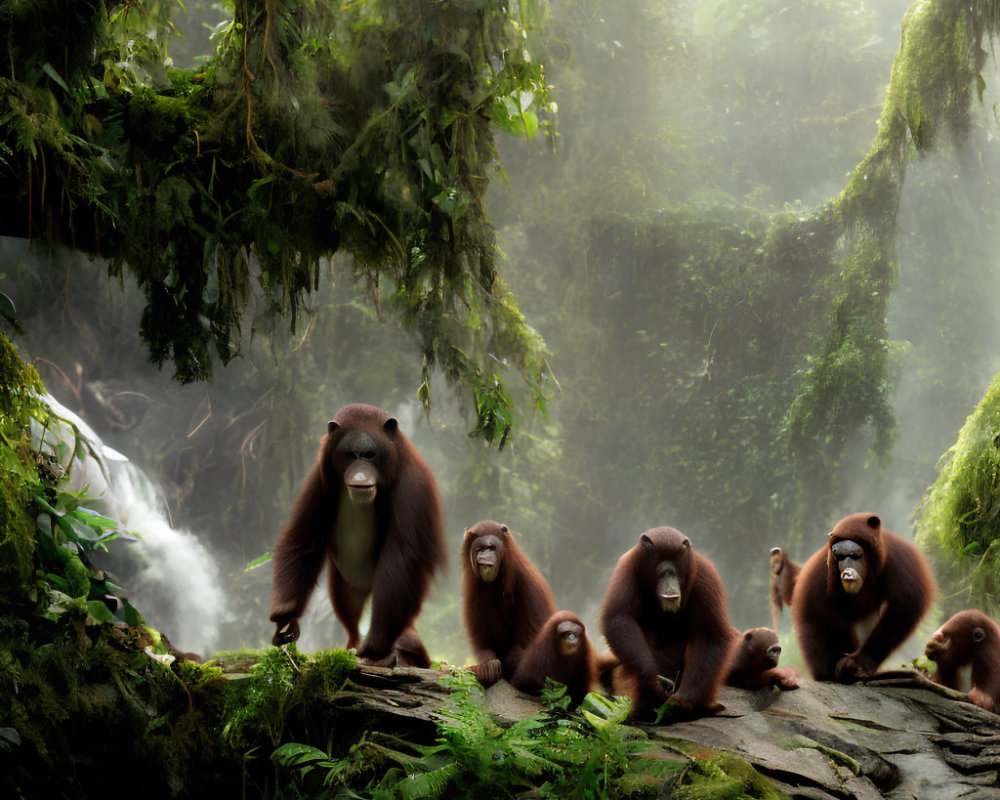 Stylized orangutans in misty jungle with waterfall