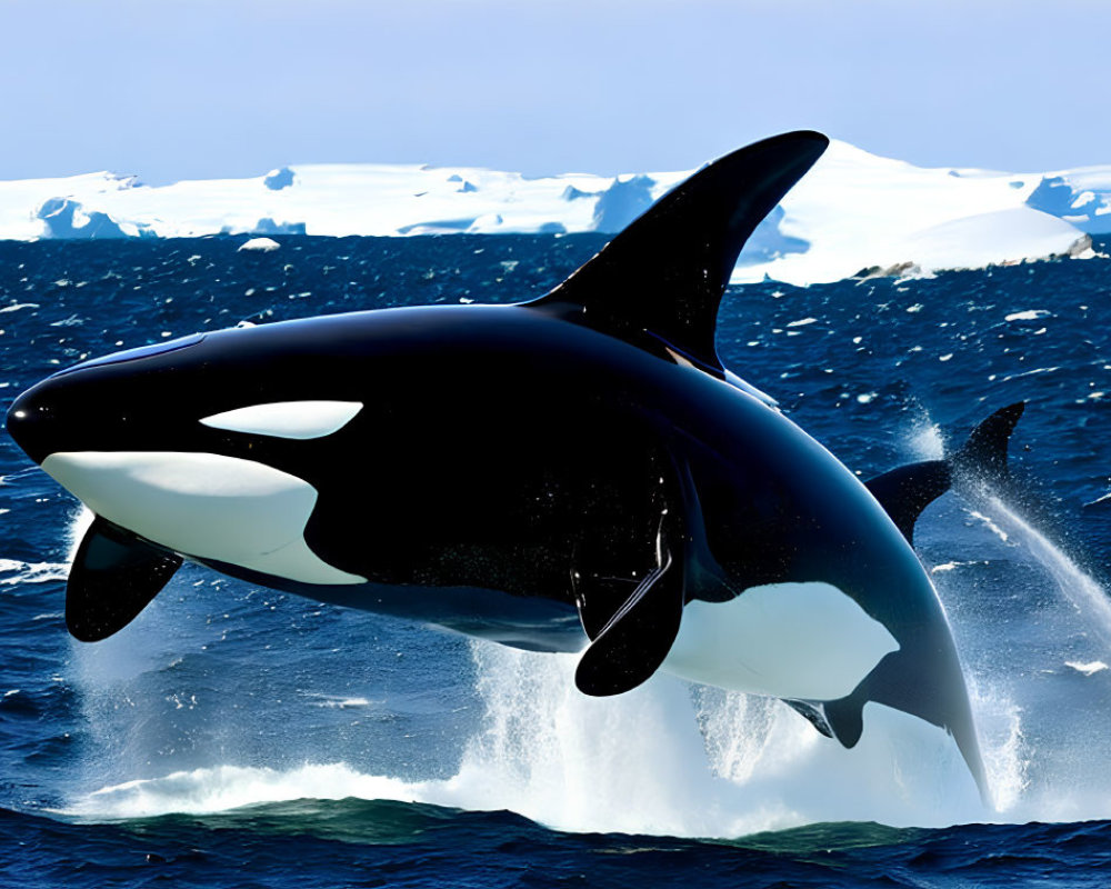 Orca Jumping Out of Blue Ocean with Icebergs and Clear Sky