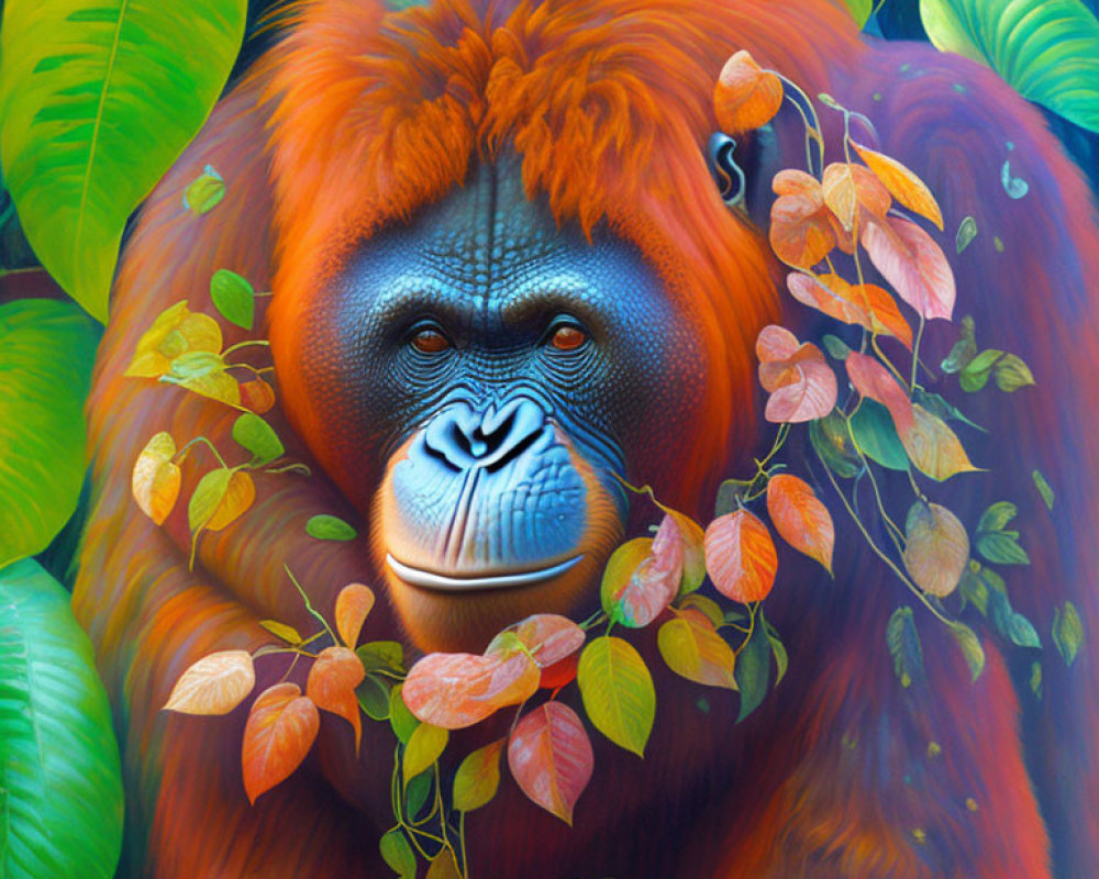 Colorful Orangutan Painting Among Green Foliage