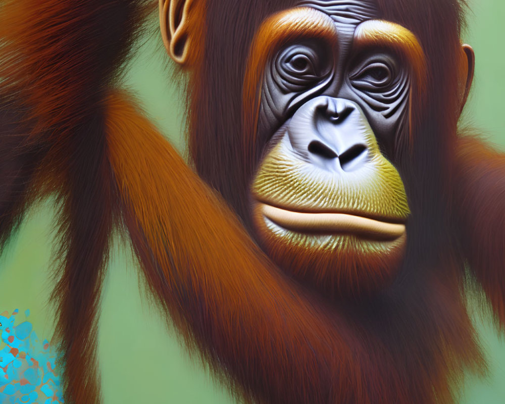 Orangutan with expressive eyes and orange fur on green background