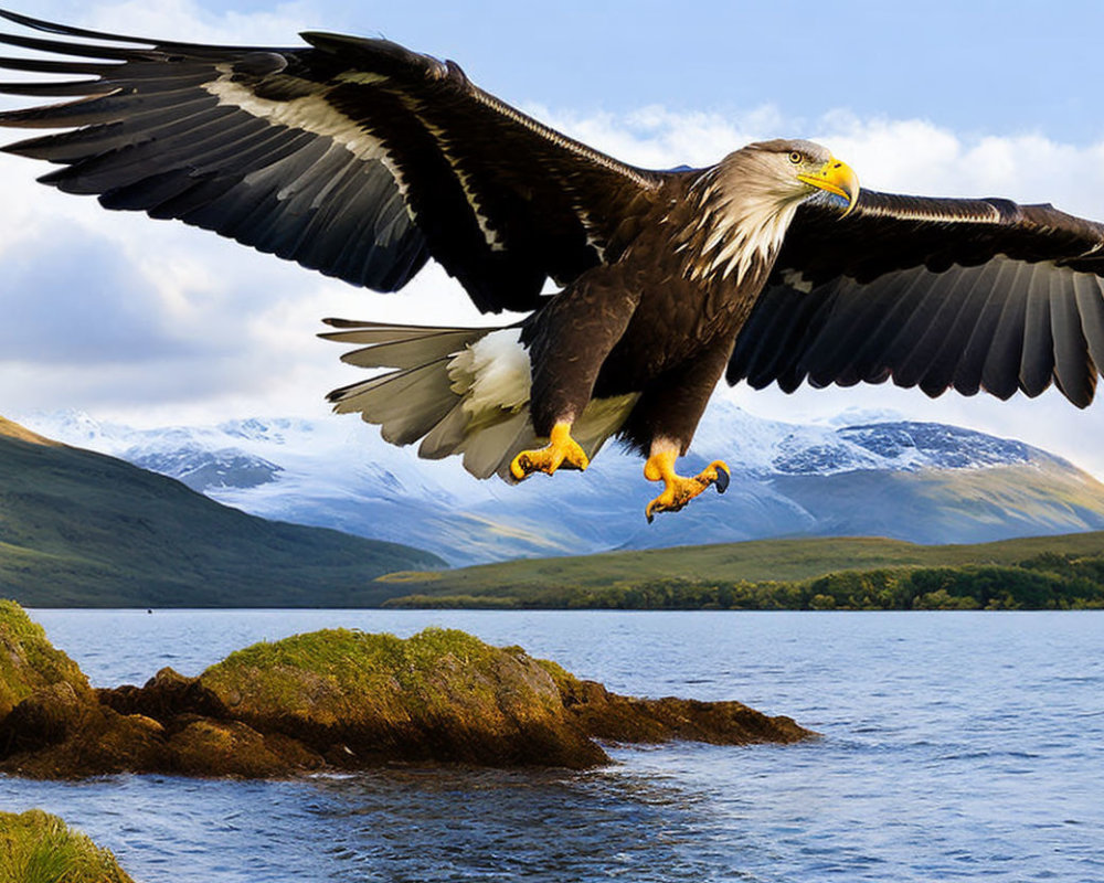 Majestic bald eagle soaring over scenic lake and mountains