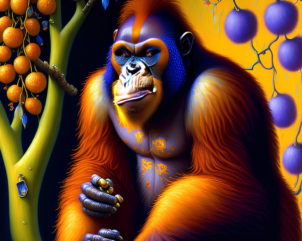 Colorful Gorilla Illustration with Fruit and Trees in Orange and Blue Palette