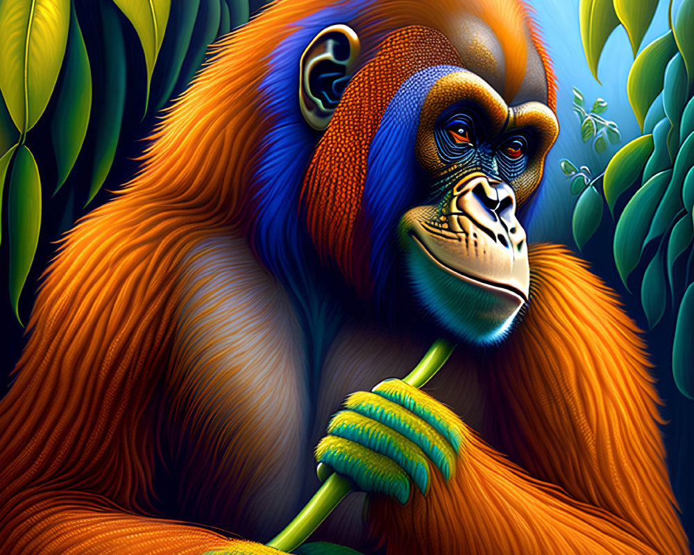 Colorful illustration of an orange and blue orangutan in a lush jungle setting