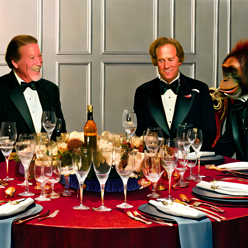 Men in tuxedos and baboon in suit at elegant dinner table with wine