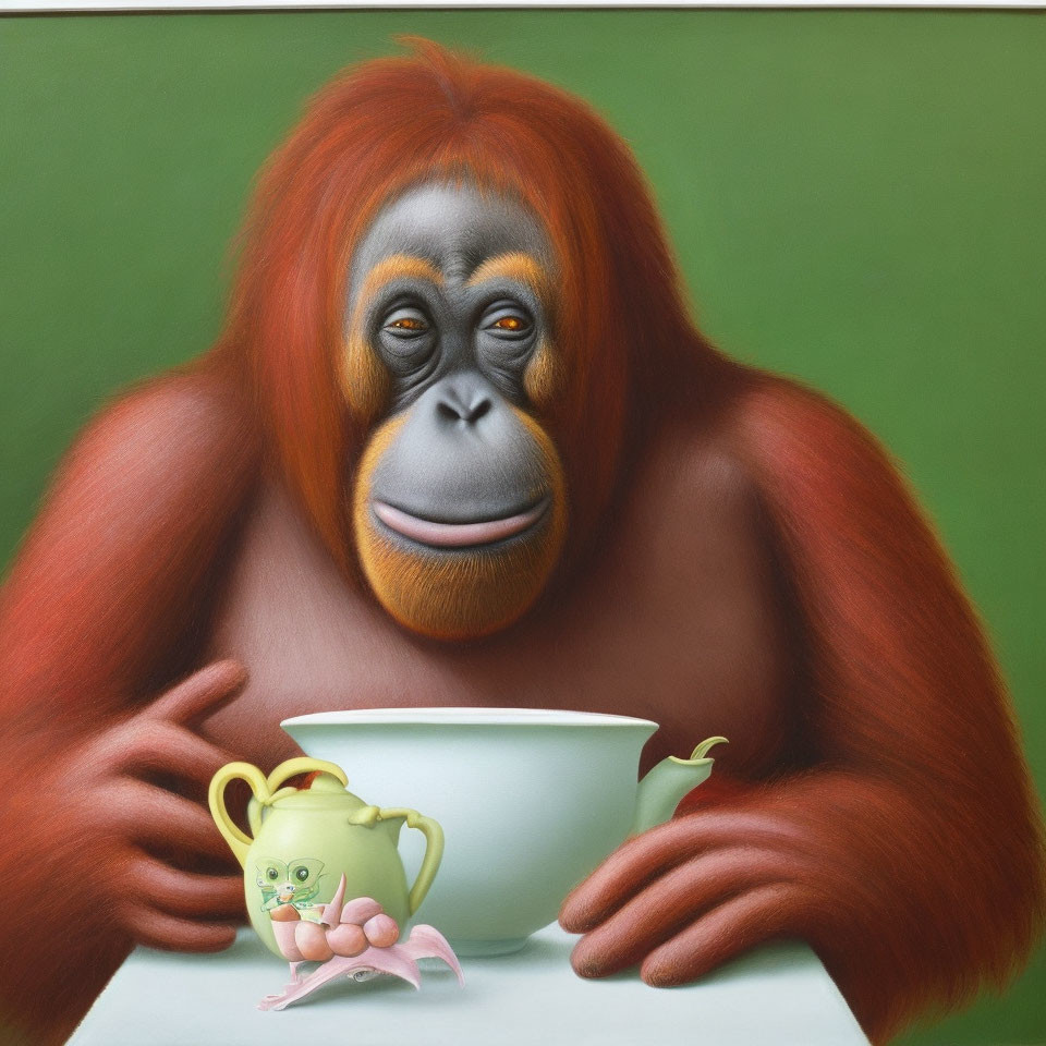 Pensive orangutan sitting at table with white cup and yellow teapot