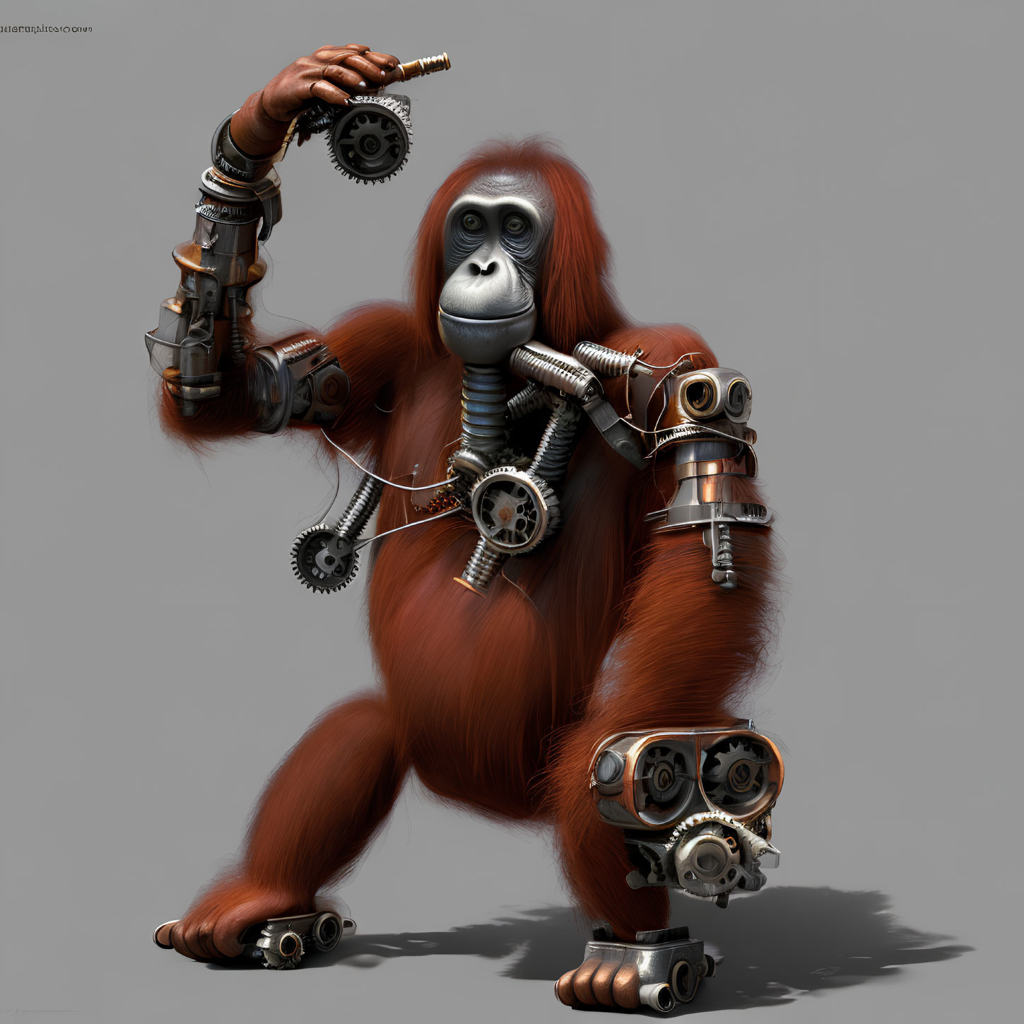 Cyborg Orangutan Digital Artwork with Mechanical Parts