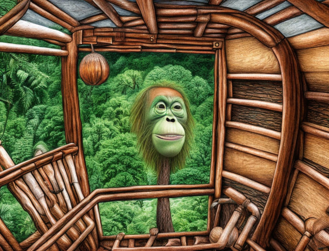 Orangutan observing through wooden window frame in lush forest