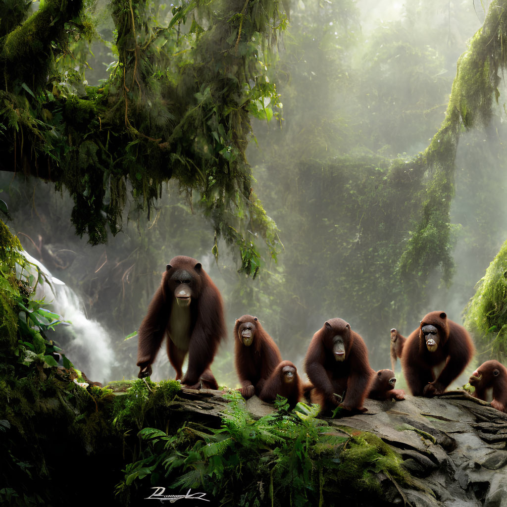 Stylized orangutans in misty jungle with waterfall