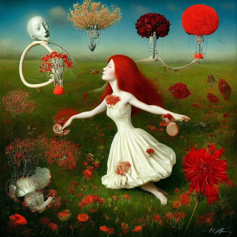 Surreal painting of red-haired woman dancing in field with floating teapots and moon-faced figure