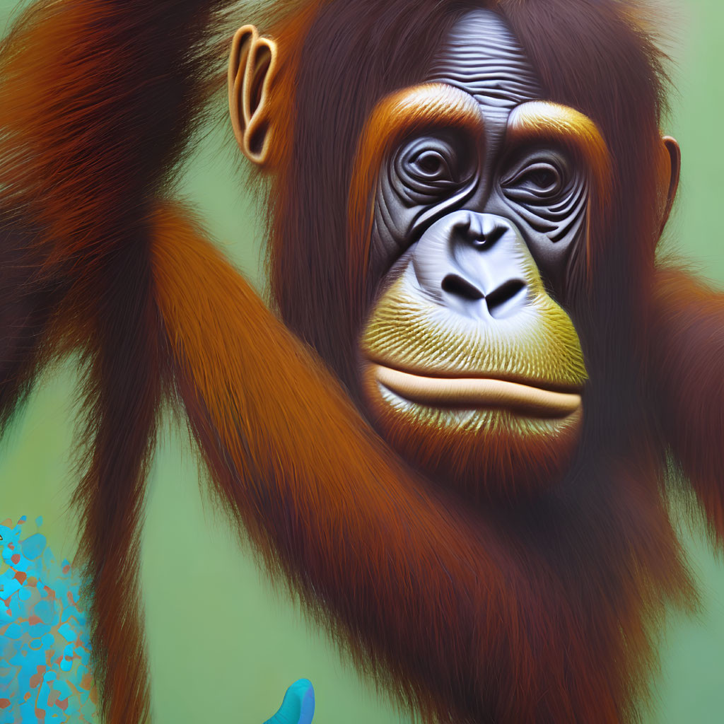 Orangutan with expressive eyes and orange fur on green background