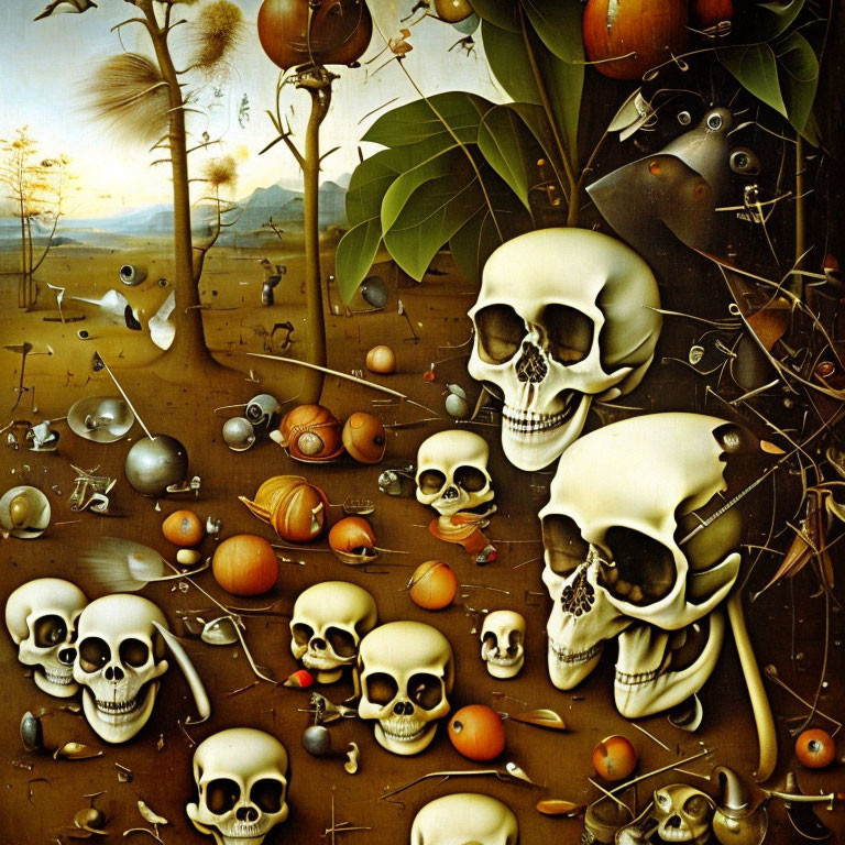 Surreal Artwork: Skulls, Bones, Objects in Desert Landscape