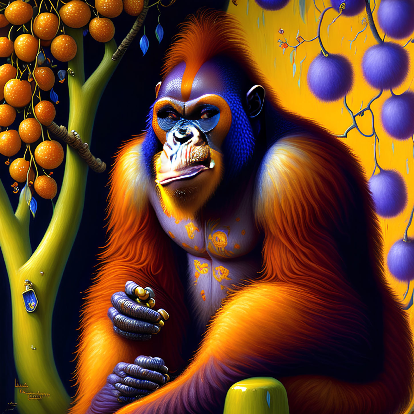 Colorful Gorilla Illustration with Fruit and Trees in Orange and Blue Palette