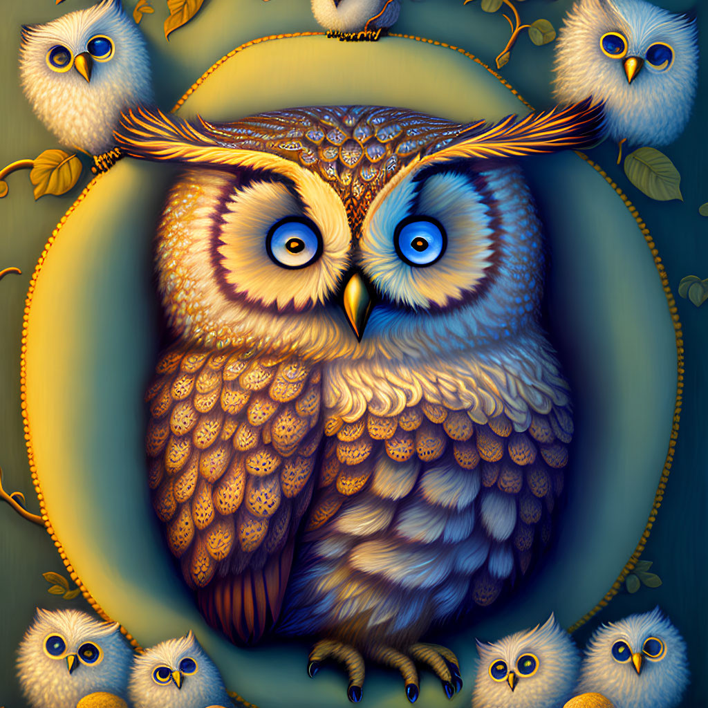 Detailed Owl Illustration with Intricate Feathers and Golden Floral Frame