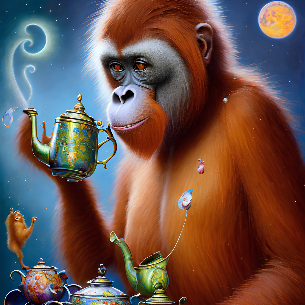 Vibrant Orangutan Holding Teapot in Dreamy Space