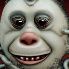 Surreal creature with simian face and serpentine eyes on red background