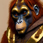 Stylized Mandrill Artwork with Golden Patterns on Beige Background