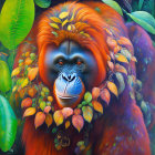 Colorful Orangutan Painting Among Green Foliage