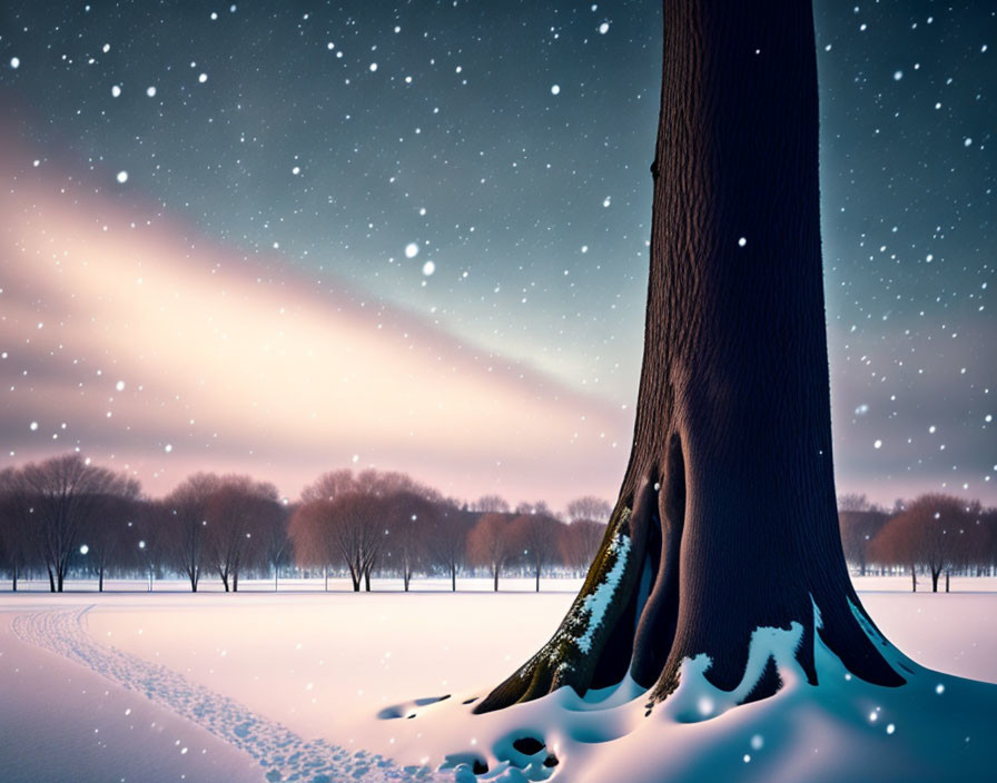 Snowy Twilight Landscape with Prominent Tree and Pastel Sky