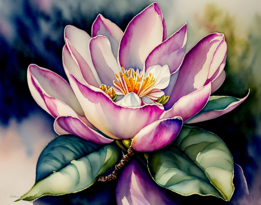 Vibrant pink and white lotus flower in watercolor painting