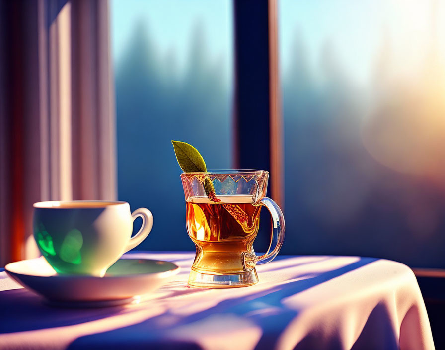 Tea cup with leaf garnish on table by window in warm sunlight.